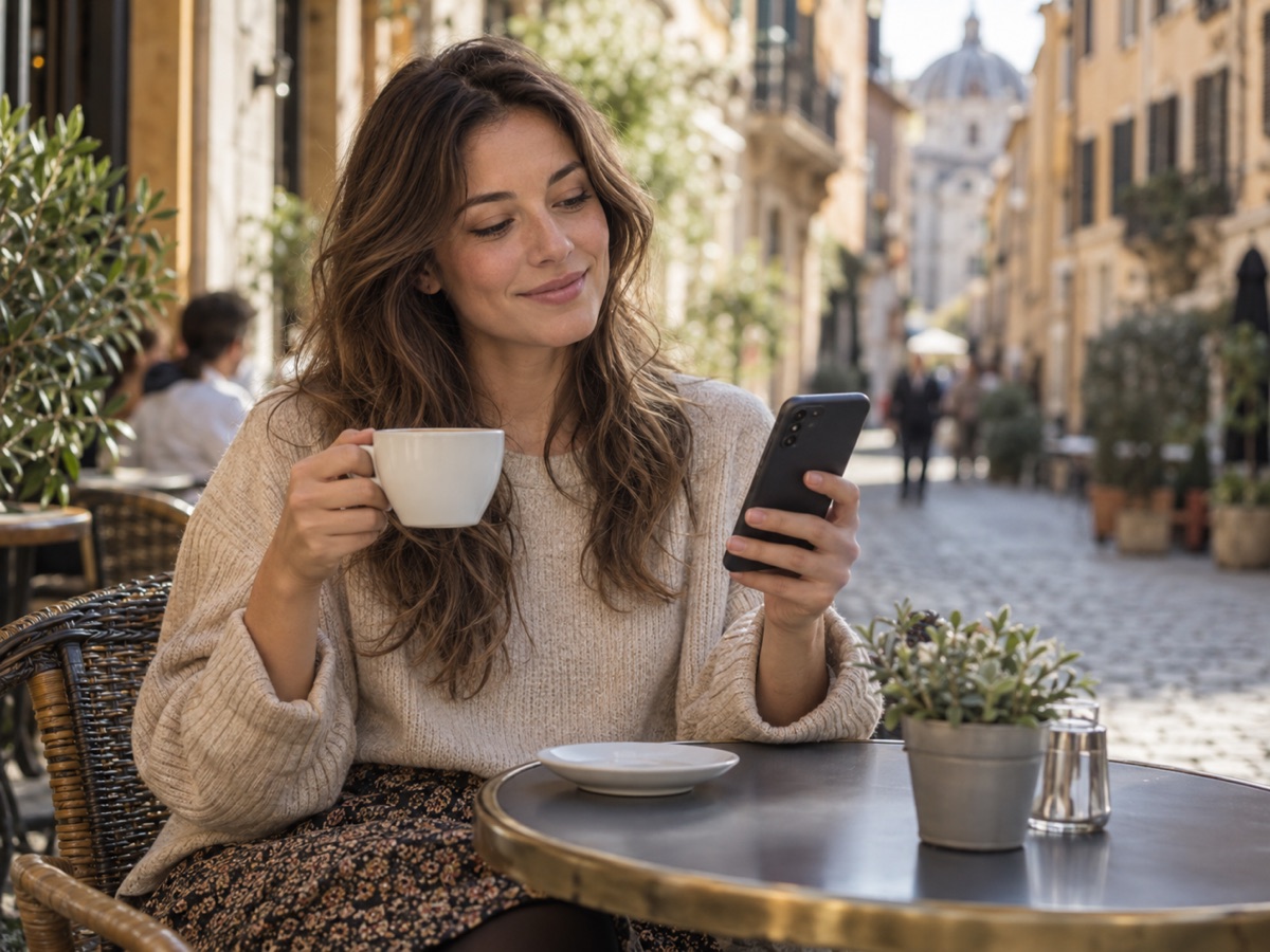 Traveler checking her phone on a cafe terrace abroad
